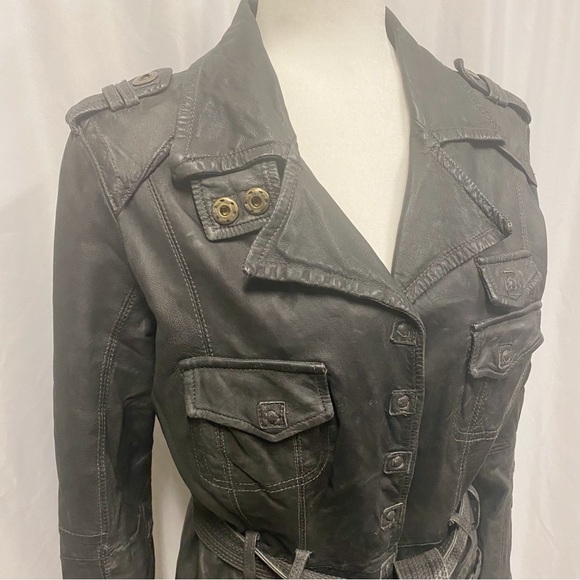 Dick & Jayne Charcoal Gray/Black Genuine Leather Belted Trench Coat - Picture 3 of 11